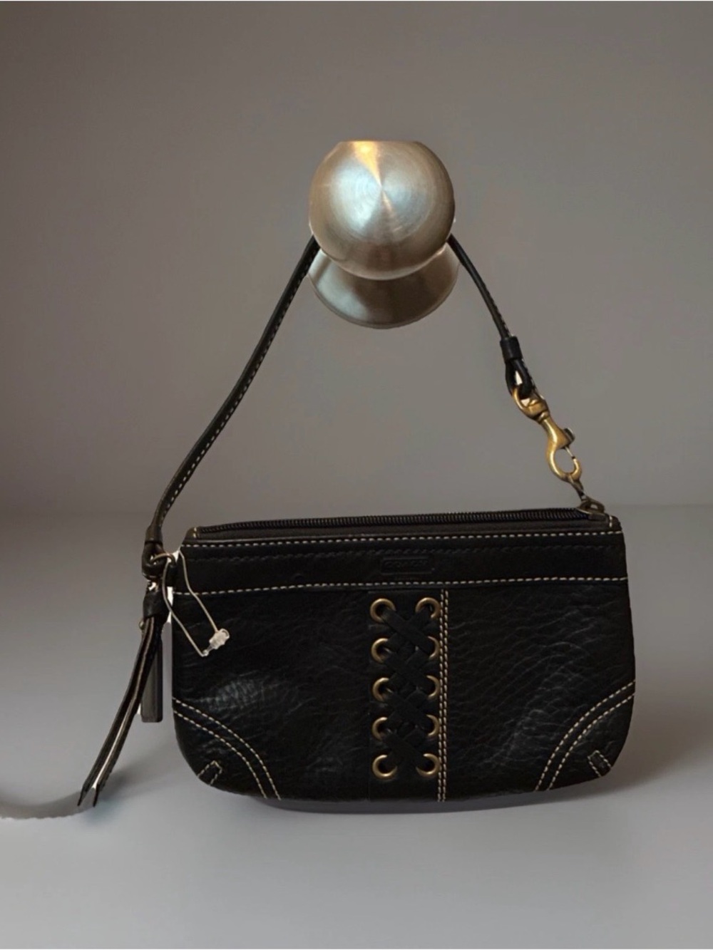 Coach Black Leather Wristlet with Lace-Up Detail
